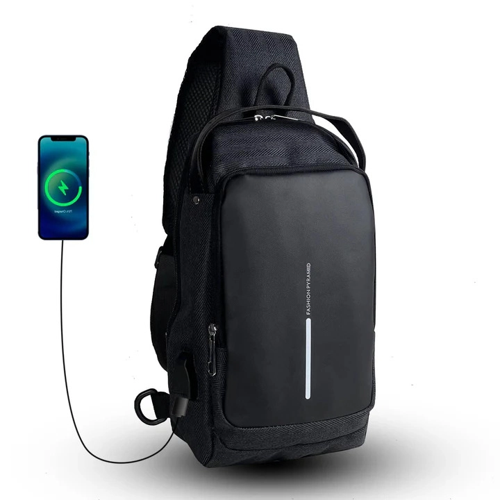 Сумка через плечо для поездок с USB-портом - водостойкая - черная