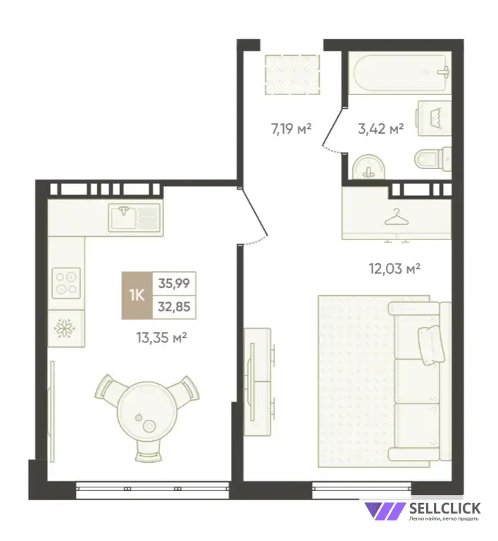 Квартира 1 комната, 36 м², 8/8 эт., Собственник