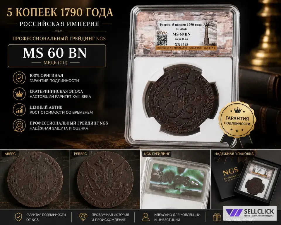 5 копеек 1790 АМ MS60!!! ШИКАРНАЯ|РЕДКОСТЬ|