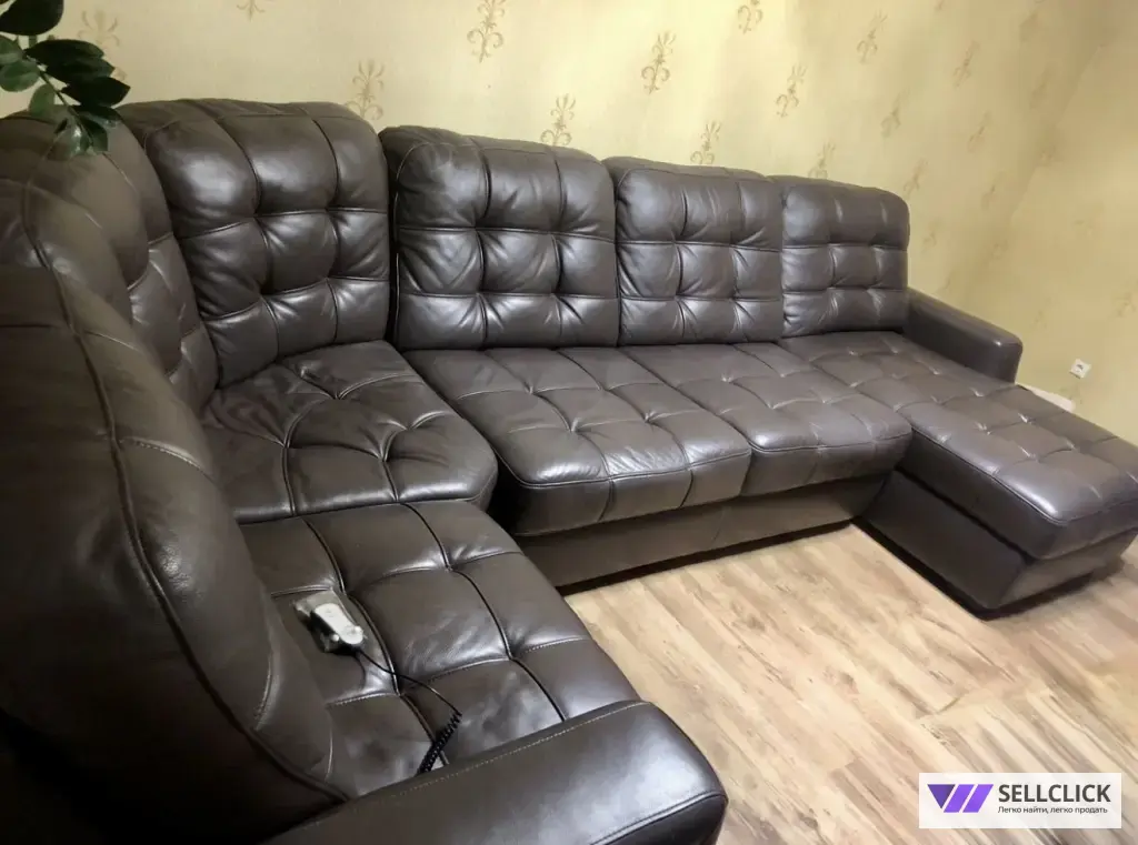 Диван из натуральной кожи, П образной формы, модульный, раскладной с встроеным раскладным креслом/