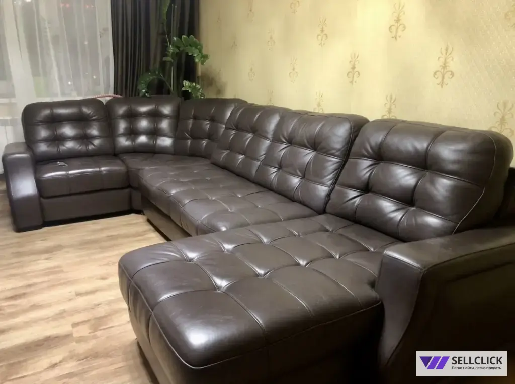 Диван из натуральной кожи, П образной формы, модульный, раскладной с встроеным раскладным креслом/