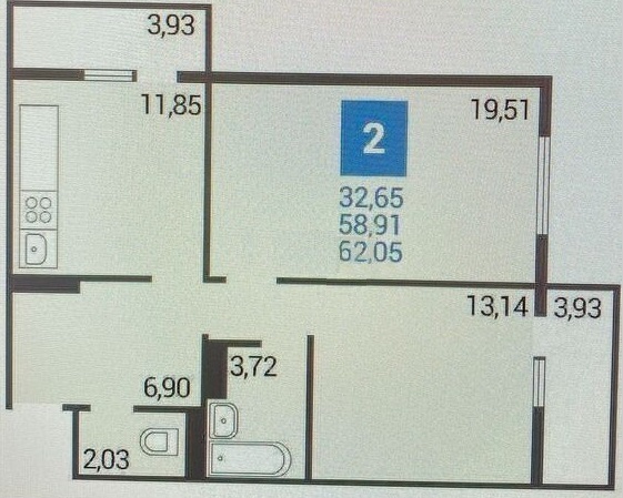 2-к. квартира 62 кв.м, 16/16