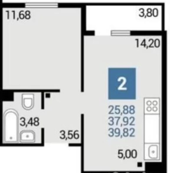 1-к. квартира 41 кв.м, 2/16