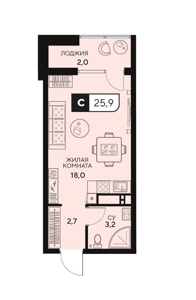 Студия 26 кв.м, 15/15