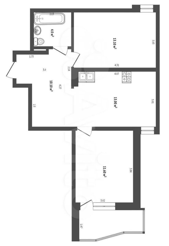 2-к. квартира 56 кв.м, 6/16