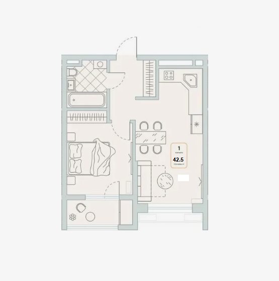 1-к. квартира 42.5 кв.м, 4/4