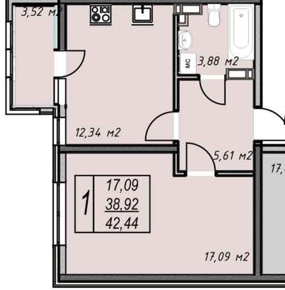 1-к. квартира 43 кв.м, 14/14