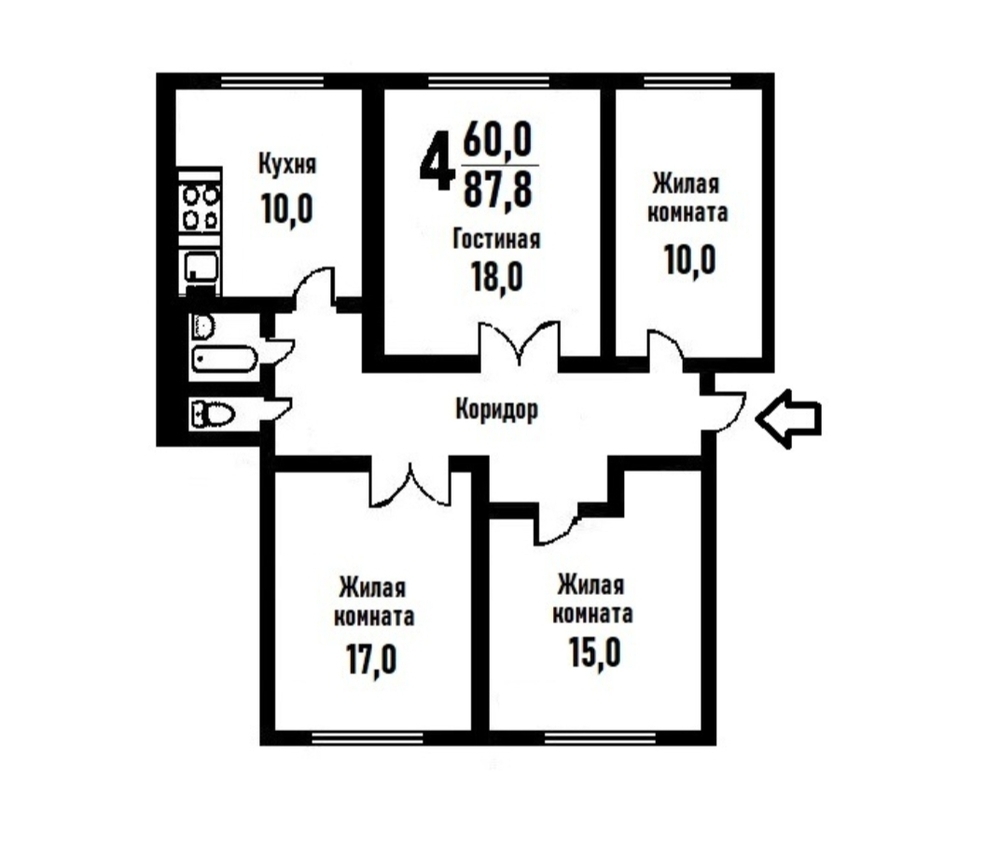 4-к. квартира 90 кв.м, 5/5