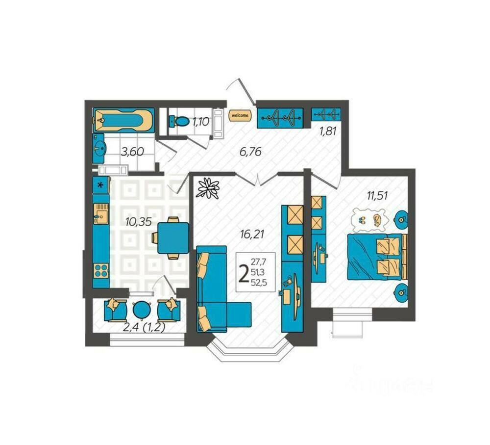 2-к. квартира 55 кв.м, 2/9