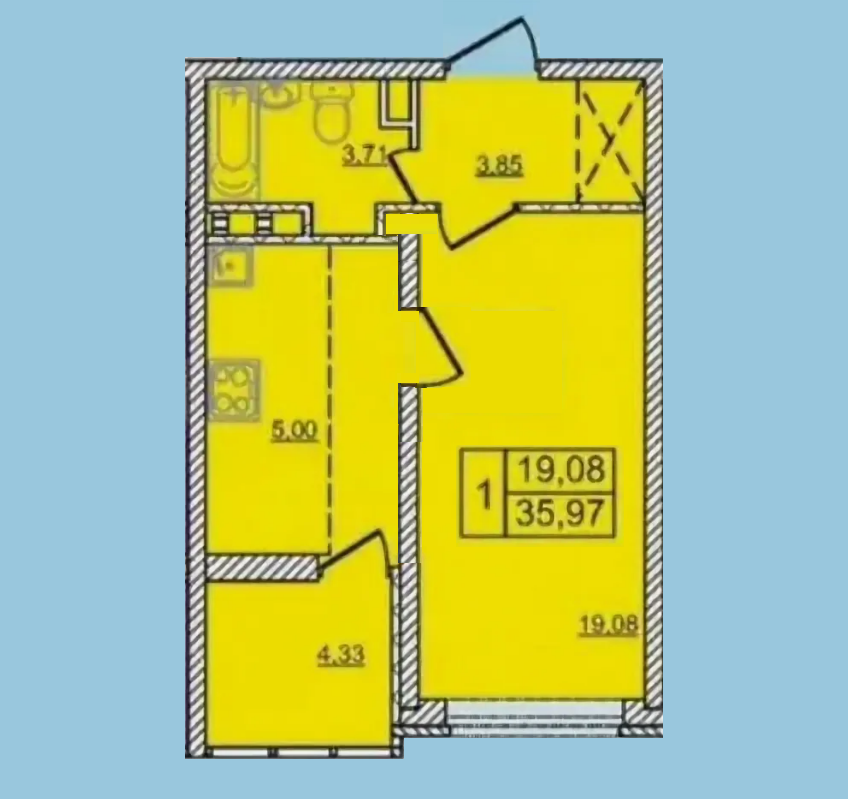 1-к. квартира 36 кв.м, 15/17