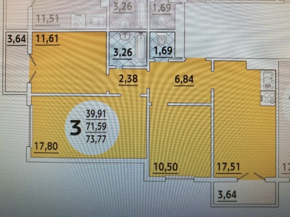 3-к. квартира 71.5 кв.м, 16/16