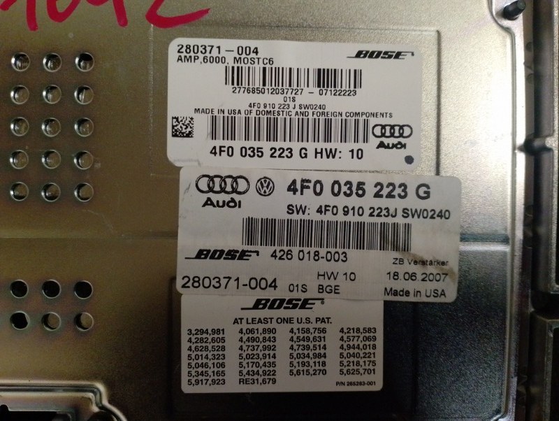 Усилитель акустической системы BOSE на Audi A6 C6 4F / Ауди А6 С6 4Ф 2006-2012г.\nОригинал.\nВ отличном состоянии. Без дефектов.\nГарантия на установку и проверку.\nКонтрактная запчасть из Японии. \nОтправим в регионы ТК.\nНа этот автомобиль есть и другие