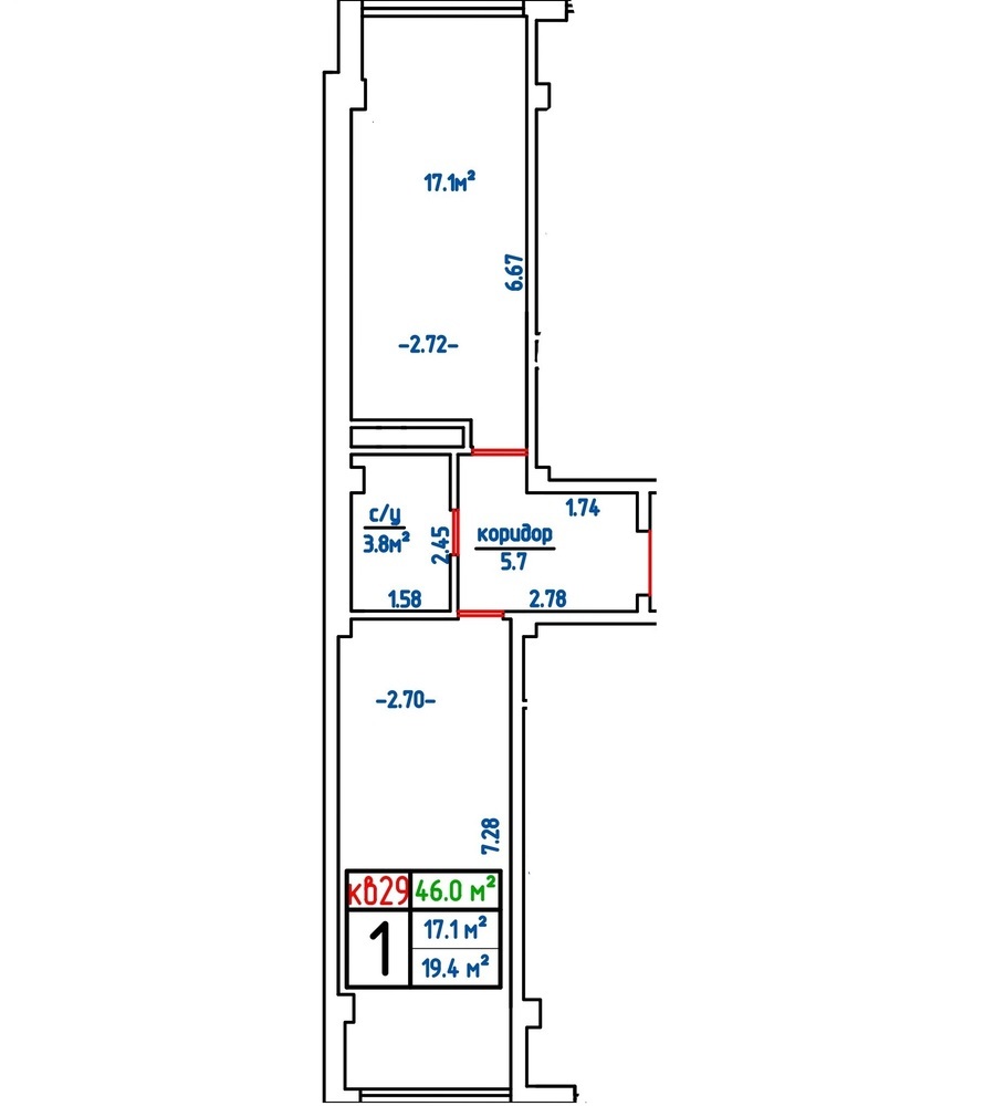 1-к. квартира 46 кв.м, 1/3