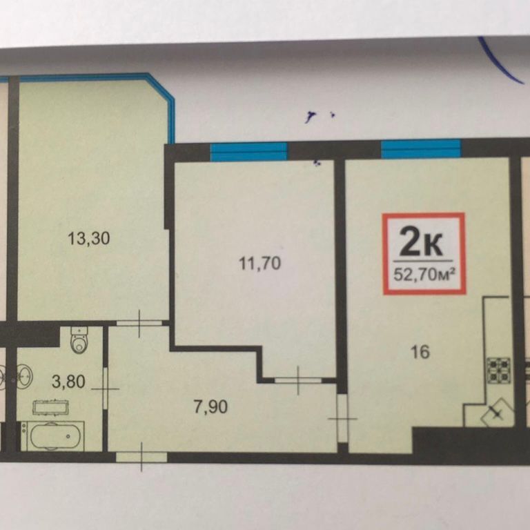 2-к. квартира 52.7 кв.м, 8/16