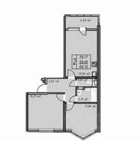 2-к. квартира 64 кв.м, 4/14
