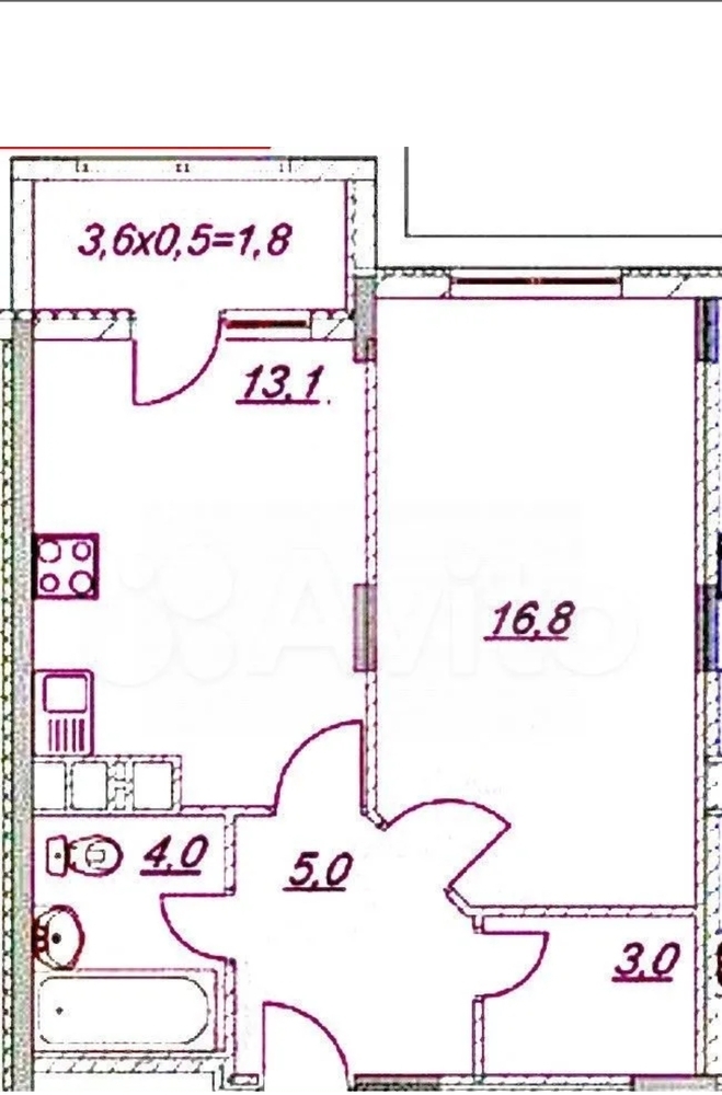 1-к. квартира 42 кв.м, 2/6