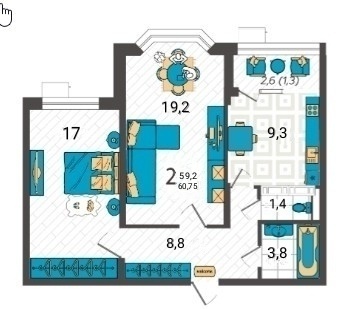2-к. квартира 60.75 кв.м, 8/9