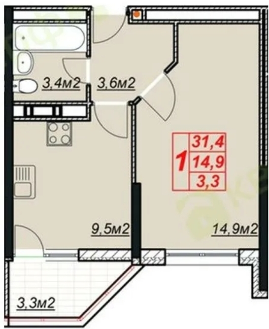 1-к. квартира 34 кв.м, 4/13