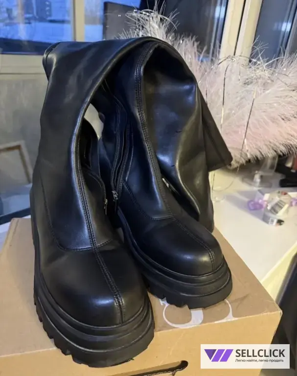 Кожаные сапоги-чулки ботфорты тракторной подошве